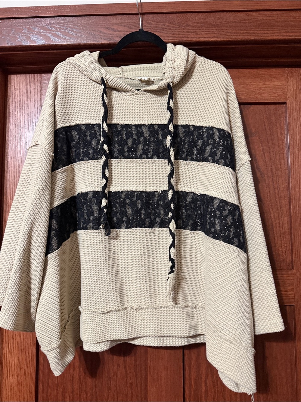 POL Beige Waffle-Knit Hoodie with Black Lace Stripes